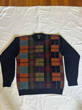 Club Room Plaid Crewneck Sweater in Navy, Orange, Green, Burgundy